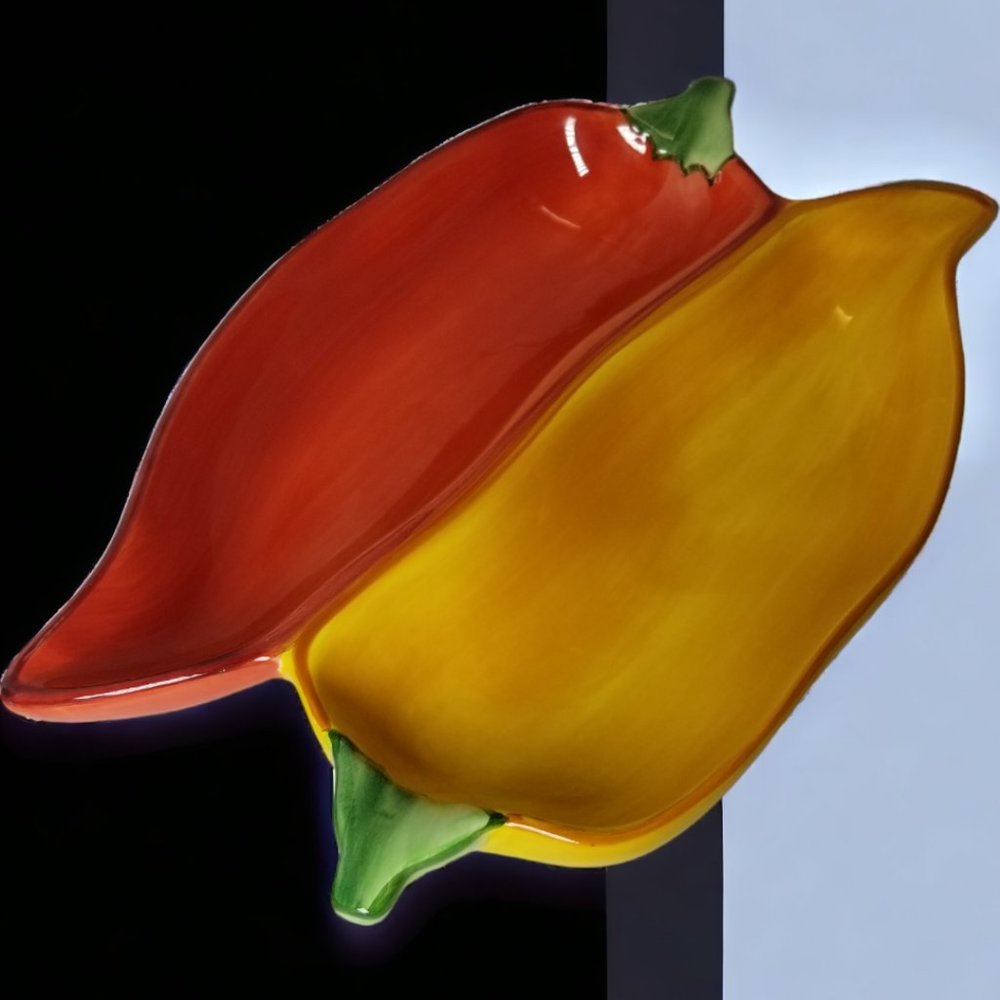 Clay Art Salsa Dip Bowl Red/Yellow Double Chili Pepper Caliente Collection Dish - Picture 2 of 5